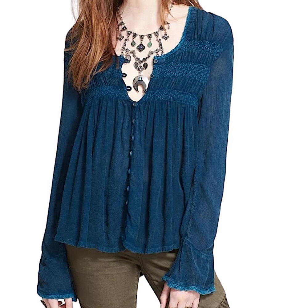 FREE PEOPLE: Blue Bird Smocked Tunic Top -Size XS